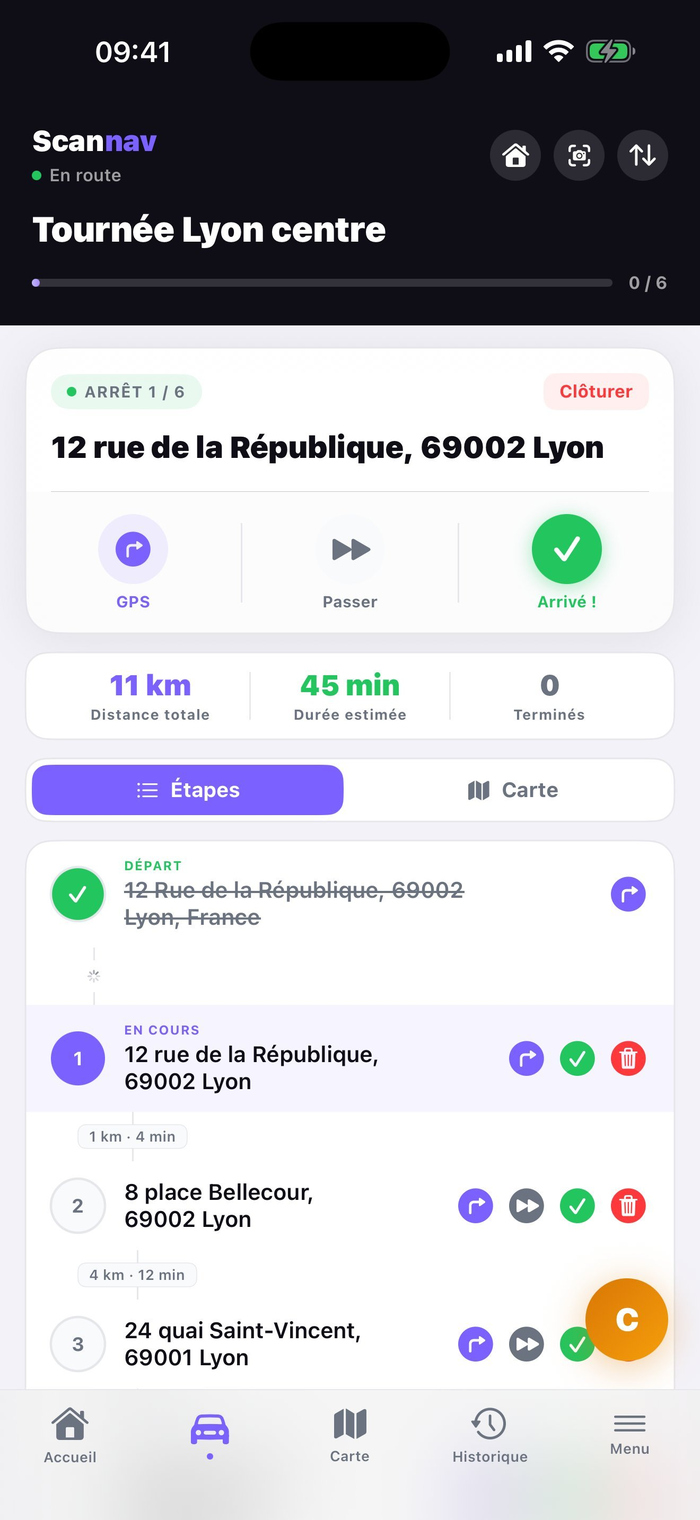 Scannav : tournée optimisée en cours